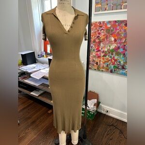 Rag & Bone Peyton Side Slit Polo Midi Rib Dress Brown/Green